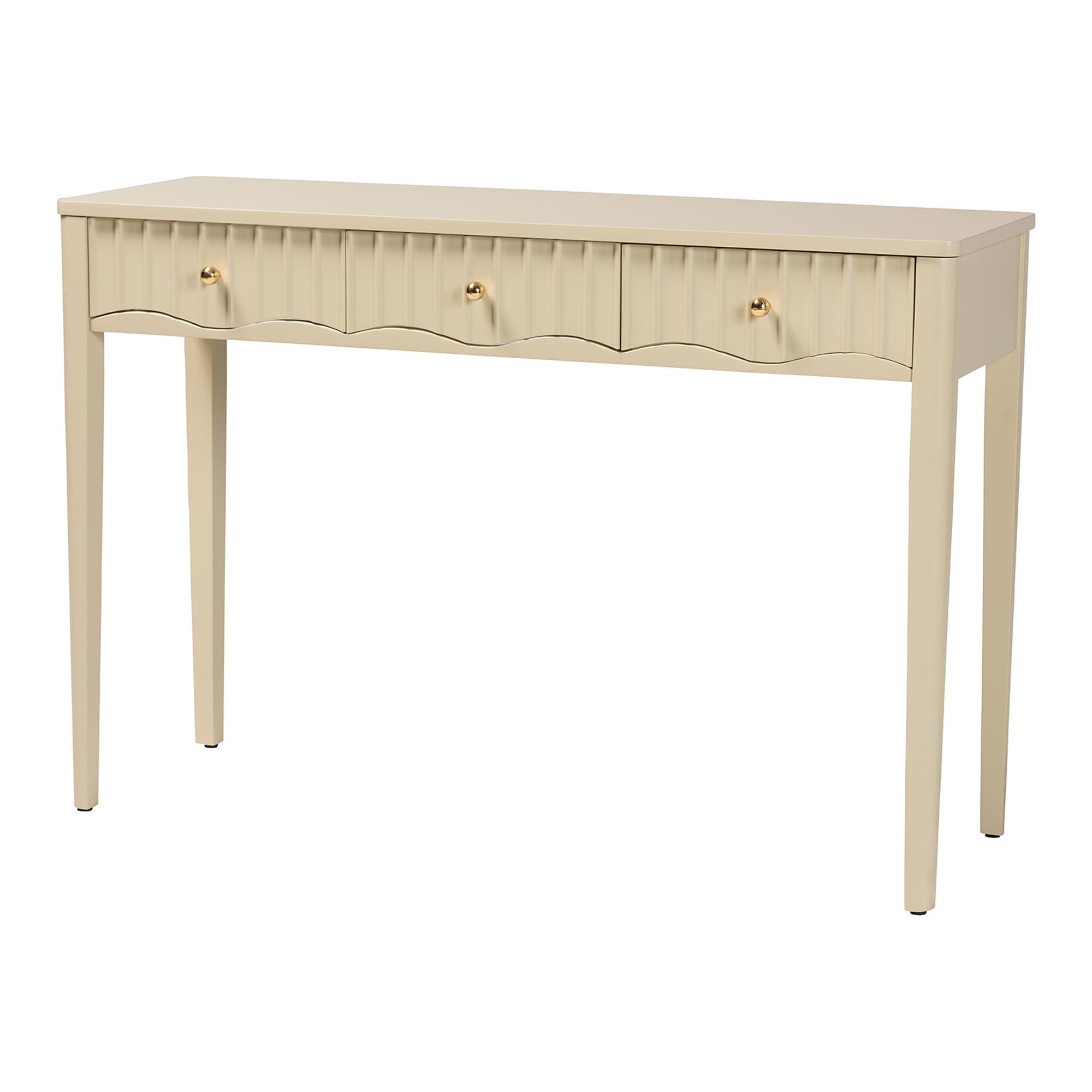bali & pari Leeba Console Table - 3-Drawer Accent Table with Fluted Wood and Scalloped Framing for Living Room, Hallway, or Entryway